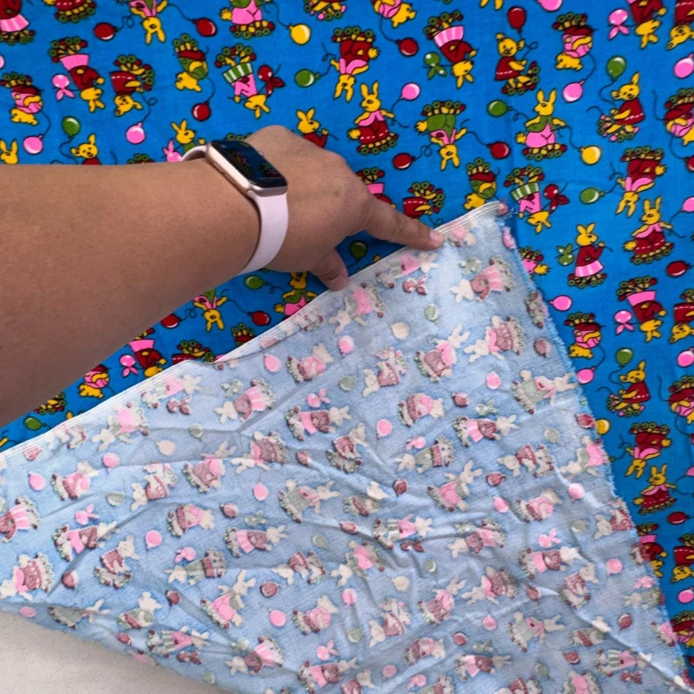 Vintage Corduroy Fabric 1 Yard Blue Roller Skating Bunny Novelty Kidcore Retro